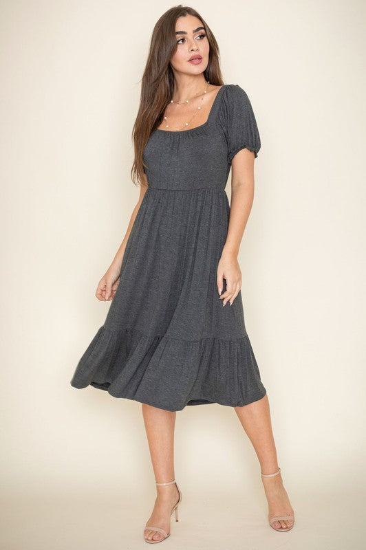 Square Neck Puff Sleeve Boho Dress - Always24