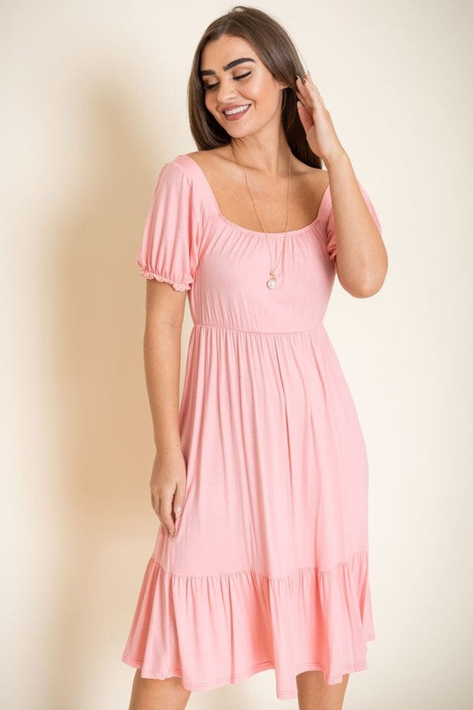 Square Neck Puff Sleeve Boho Dress - Always24
