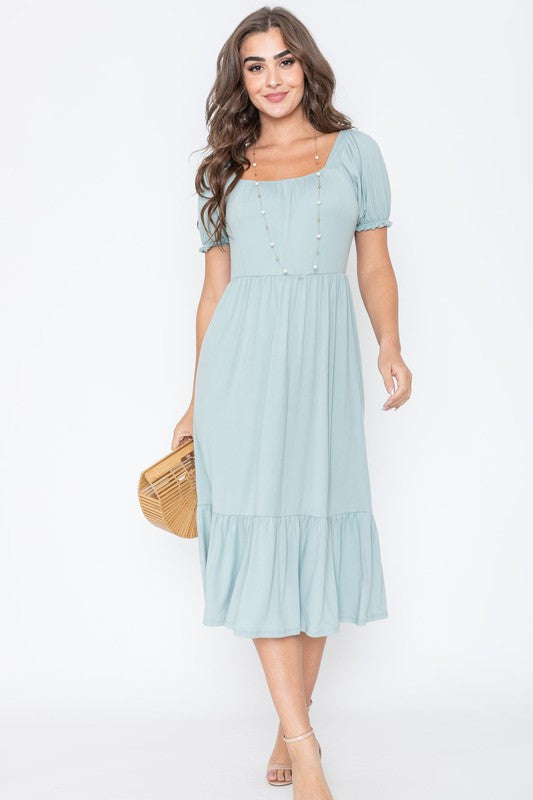 Square Neck Puff Sleeve Boho Dress - Always24