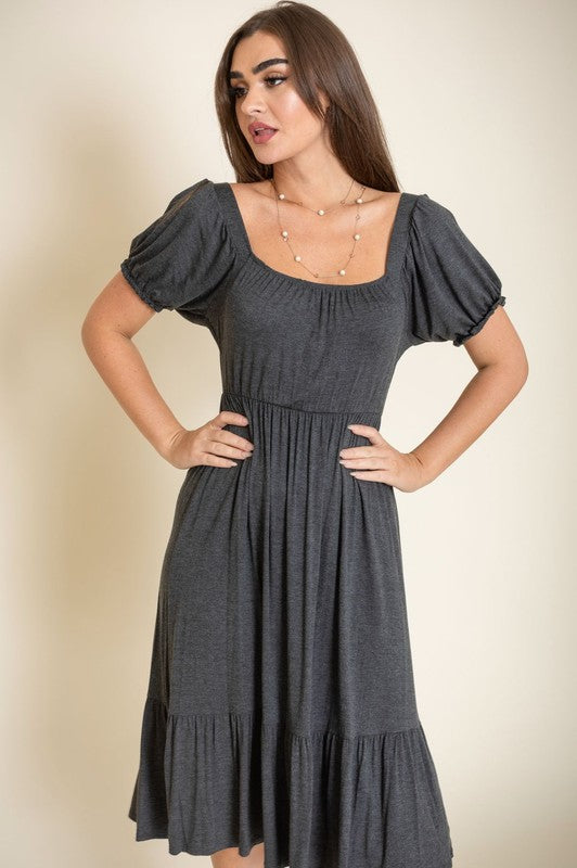 Square Neck Puff Sleeve Boho Dress - Always24