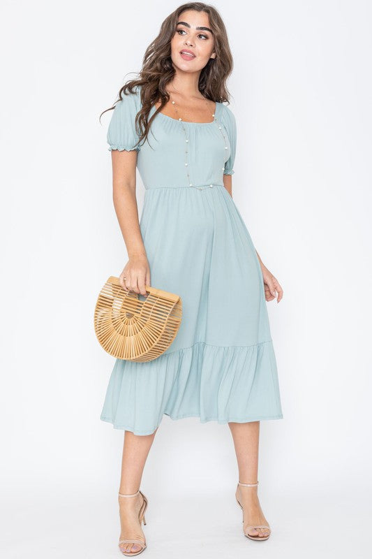 Square Neck Puff Sleeve Boho Dress - Always24