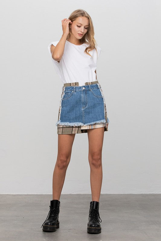 PLAID CHECKER DENIM MINI SKIRT - Always24