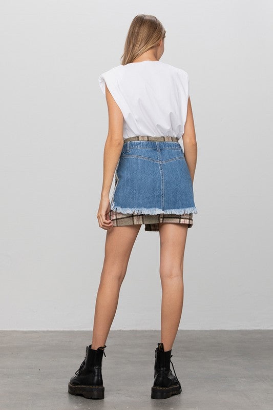 PLAID CHECKER DENIM MINI SKIRT - Always24