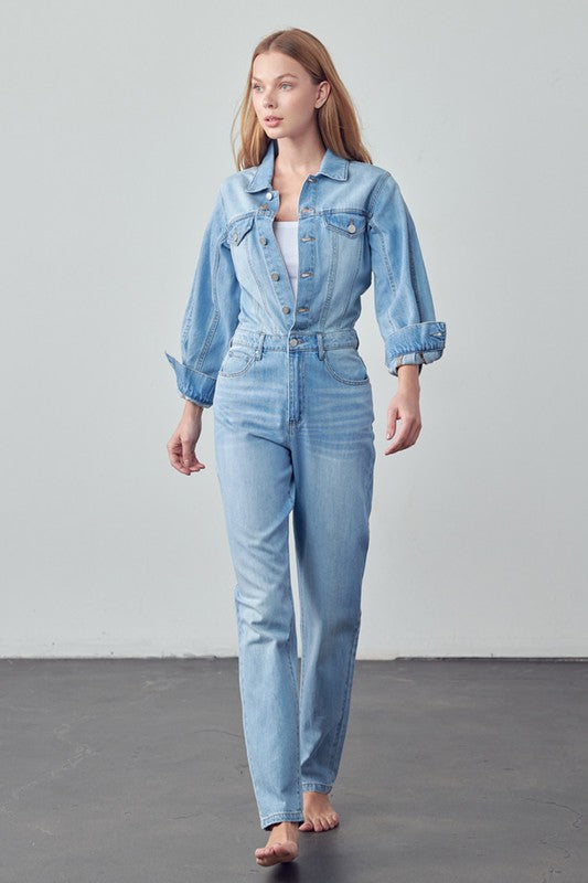 High Waist Flap Pocket Half Button Denim Jumpsuit - Always24