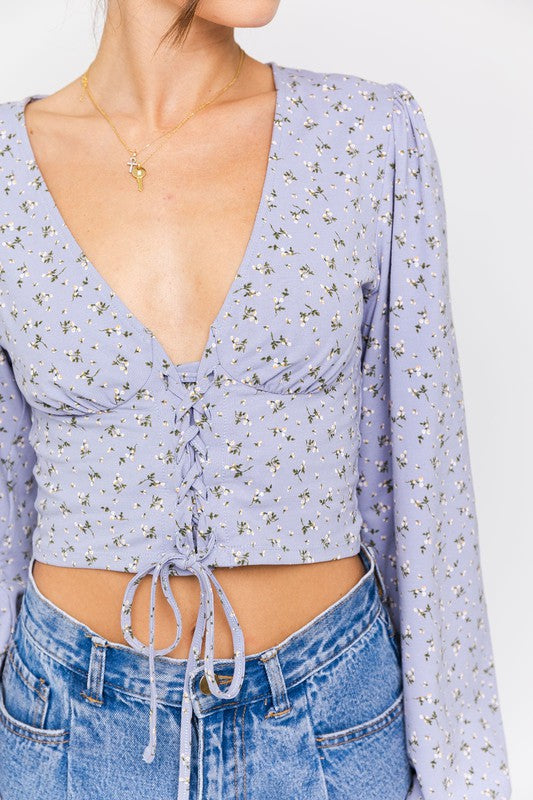 Always24 Puff Sleeve Lace-Up V-Neck Top - Always24