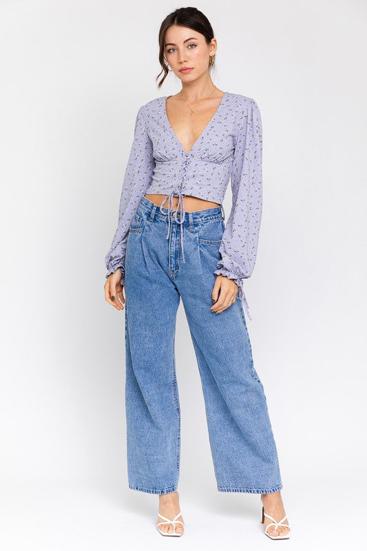 Always24 Puff Sleeve Lace-Up V-Neck Top - Always24