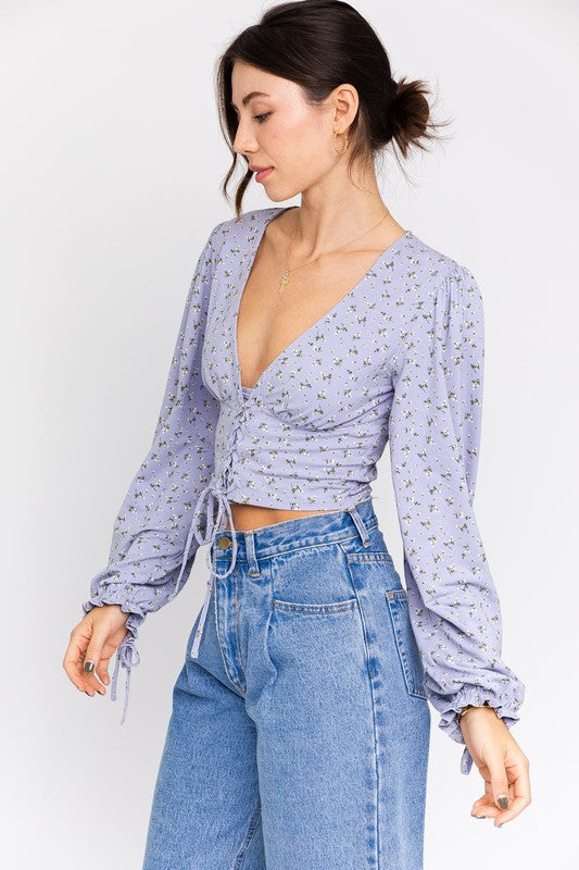 Always24 Puff Sleeve Lace-Up V-Neck Top - Always24
