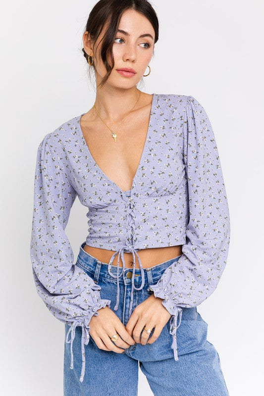 Always24 Puff Sleeve Lace-Up V-Neck Top - Always24