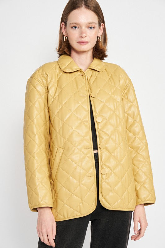 QUILTED PU BUTTON DOWN JACKET - Always24