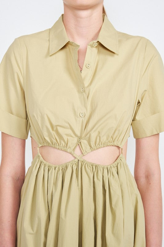 BUTTON UP COLLARED MIDI DRESS WITH CUT OUT - Always24