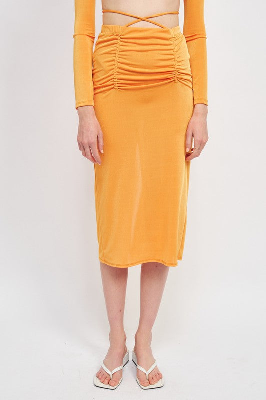 RUCHED MIDI SKIRT WITH WAIST TIE AND SLIT - Always24