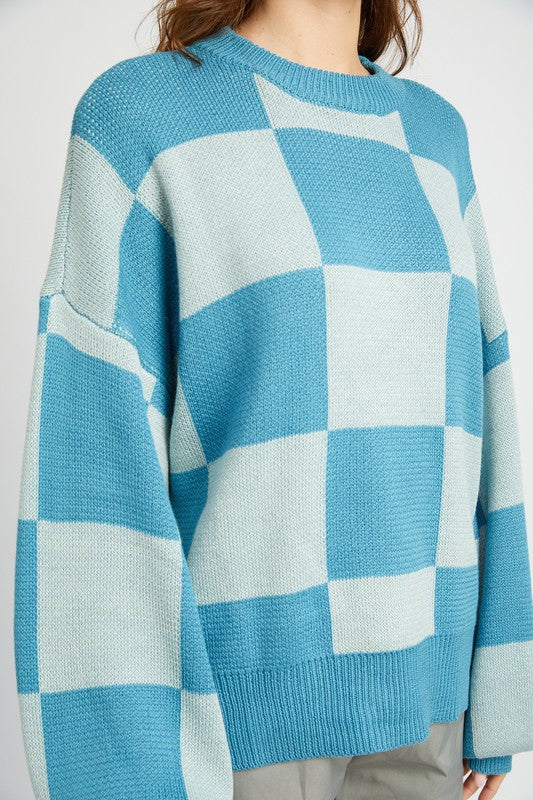CHECKERED SWEATER WITH BUBBLE SLEEVES - Always24