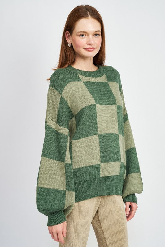 CHECKERED SWEATER WITH BUBBLE SLEEVES - Always24