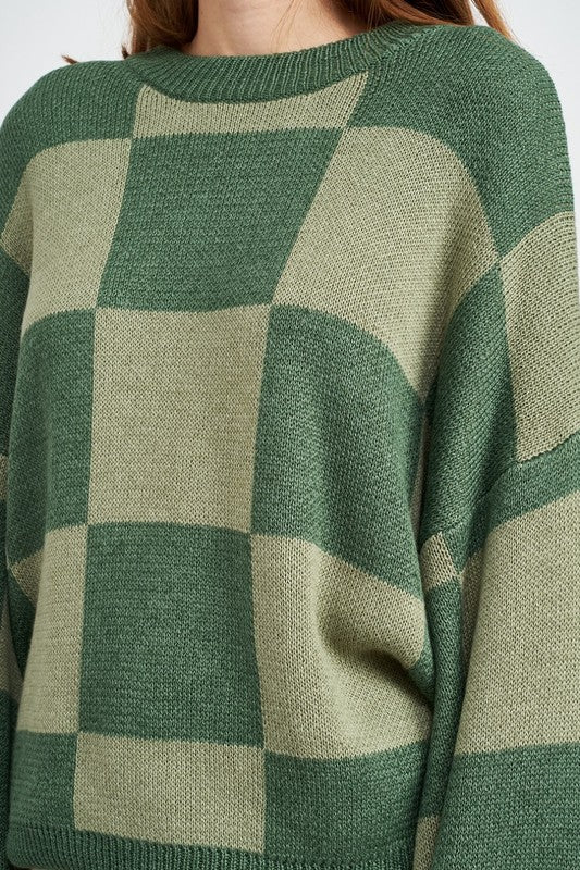 CHECKERED SWEATER WITH BUBBLE SLEEVES - Always24
