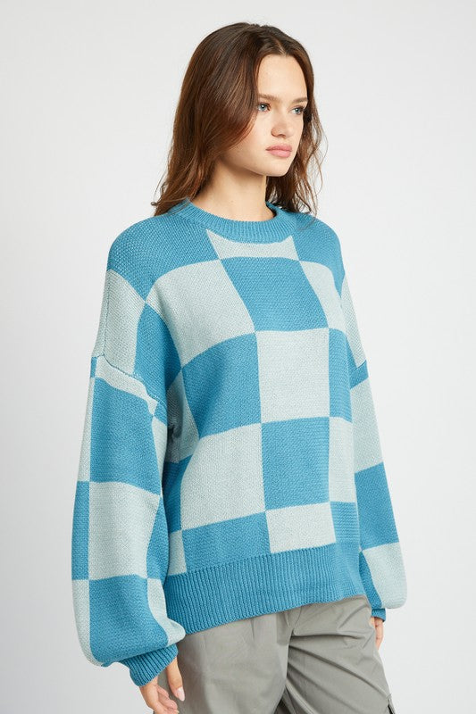 CHECKERED SWEATER WITH BUBBLE SLEEVES - Always24