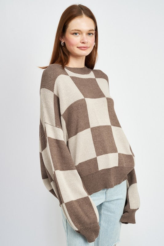 CHECKERED SWEATER WITH BUBBLE SLEEVES - Always24