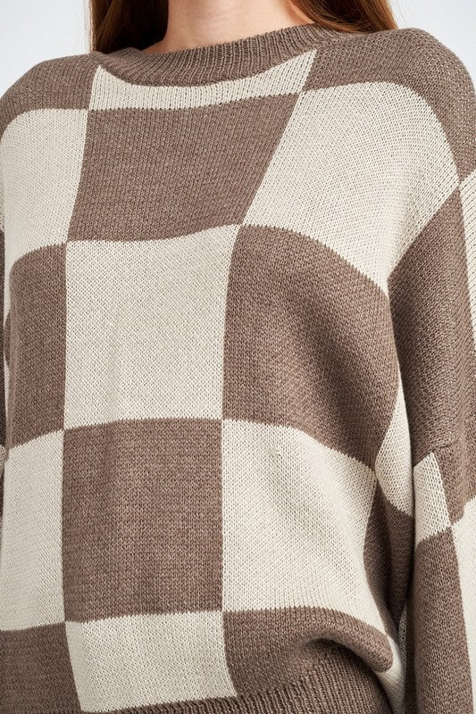 CHECKERED SWEATER WITH BUBBLE SLEEVES - Always24