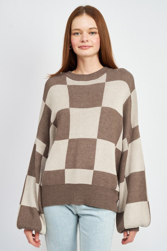 CHECKERED SWEATER WITH BUBBLE SLEEVES - Always24
