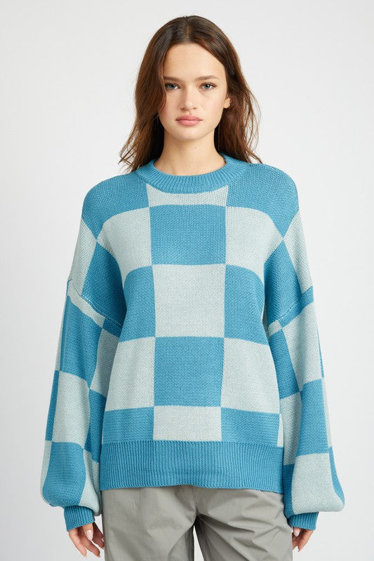 CHECKERED SWEATER WITH BUBBLE SLEEVES - Always24