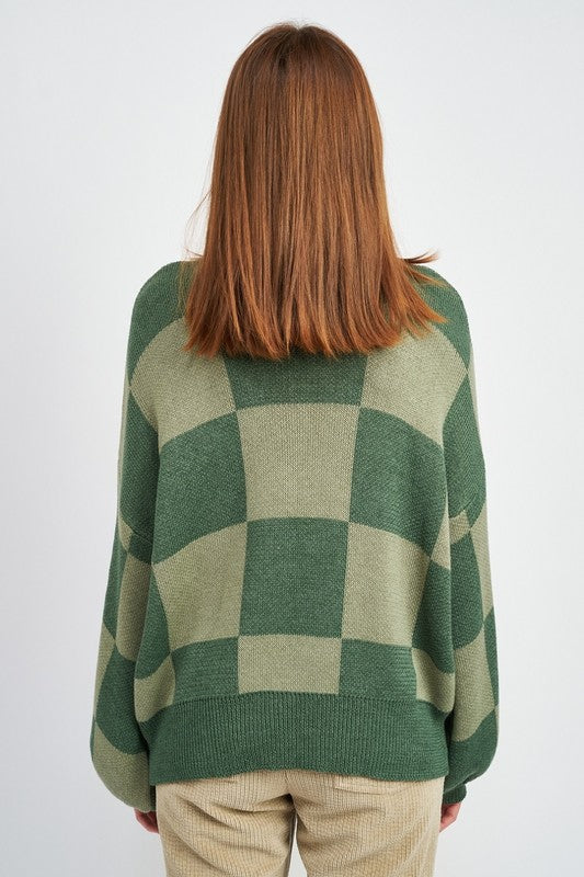 CHECKERED SWEATER WITH BUBBLE SLEEVES - Always24