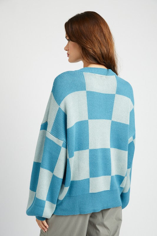 CHECKERED SWEATER WITH BUBBLE SLEEVES - Always24