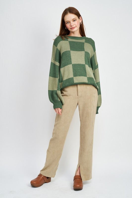 CHECKERED SWEATER WITH BUBBLE SLEEVES - Always24