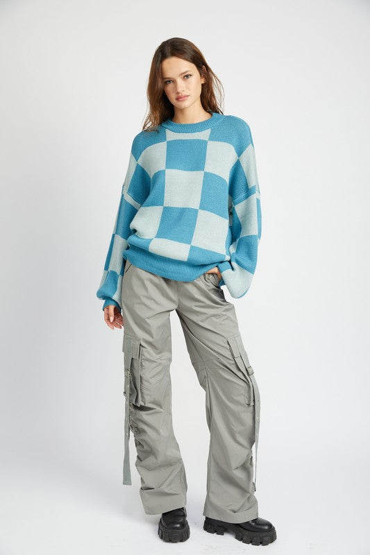 CHECKERED SWEATER WITH BUBBLE SLEEVES - Always24