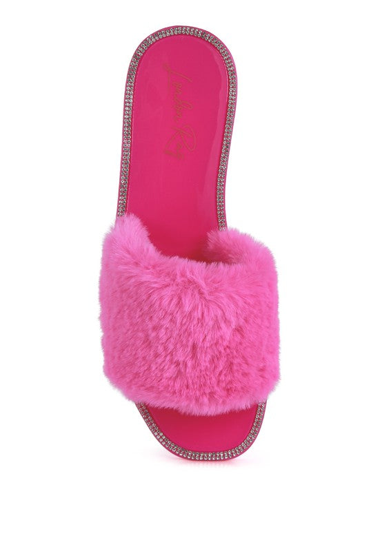 Always24 Faux Fur Diamante Detail Jelly Flats