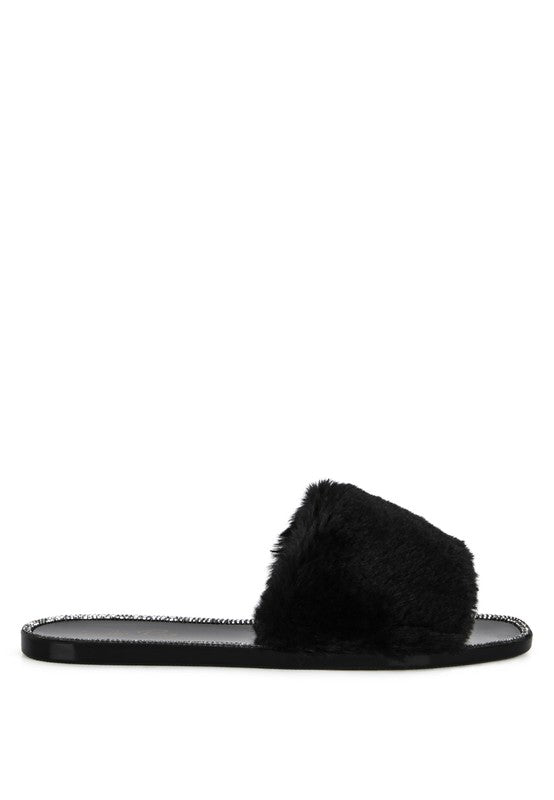Always24 Faux Fur Diamante Detail Jelly Flats - Always24