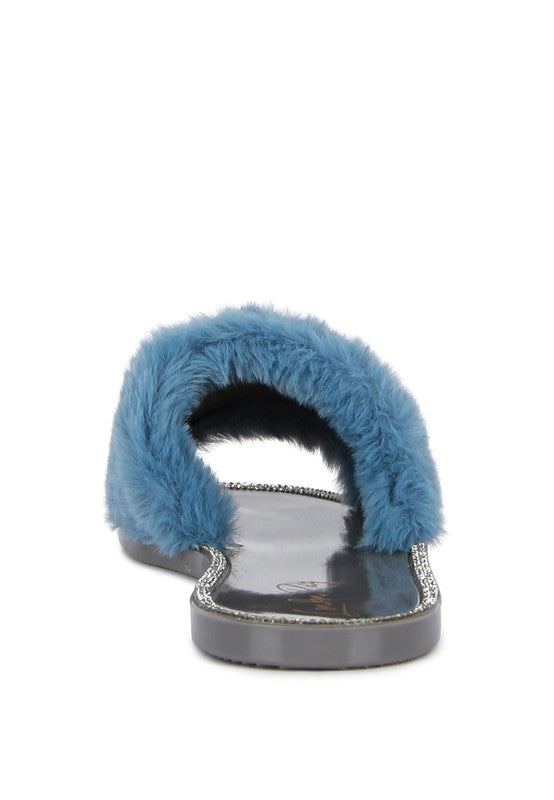 Always24 Faux Fur Diamante Detail Jelly Flats