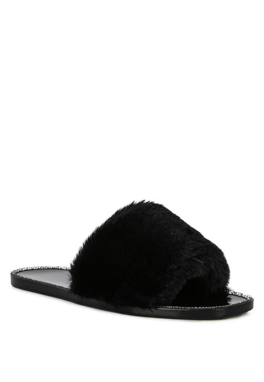 Always24 Faux Fur Diamante Detail Jelly Flats - Always24