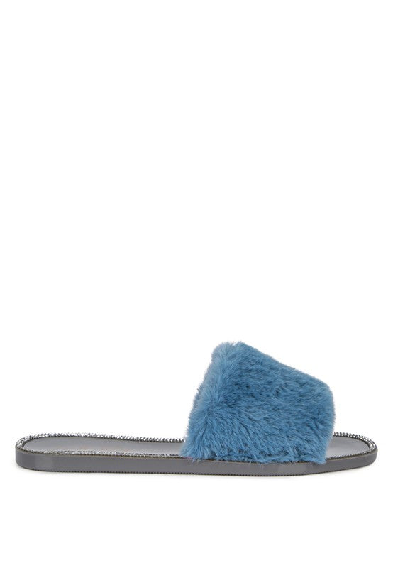 Always24 Faux Fur Diamante Detail Jelly Flats