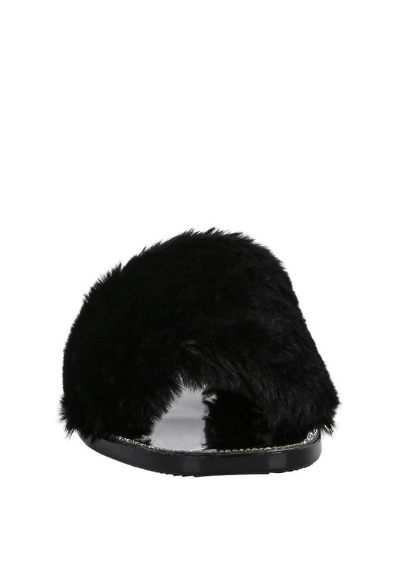 Always24 Faux Fur Diamante Detail Jelly Flats