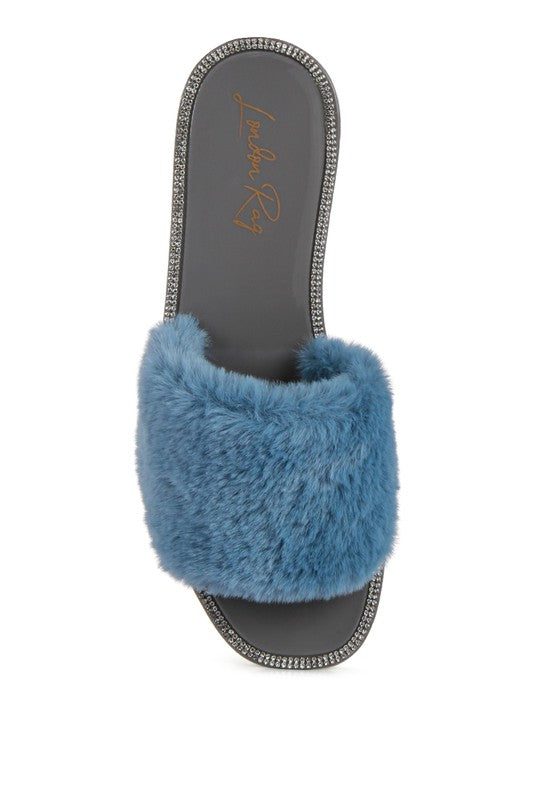 Always24 Faux Fur Diamante Detail Jelly Flats