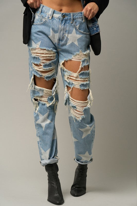 STAR PRINT SLOUCH JEANS - Always24
