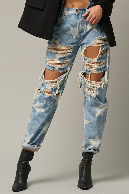 STAR PRINT SLOUCH JEANS - Always24