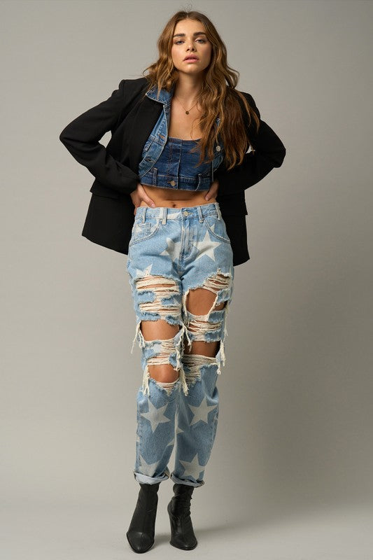 STAR PRINT SLOUCH JEANS - Always24