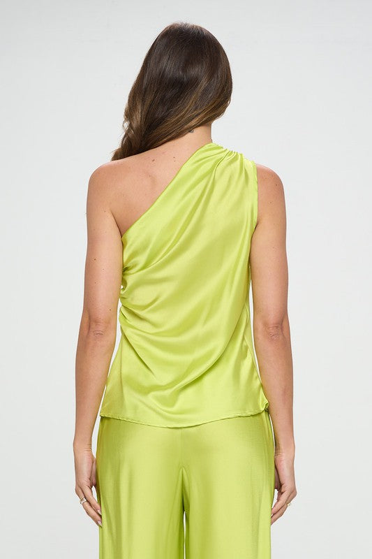Silky Satin One Shoulder Ruched Top - Always24