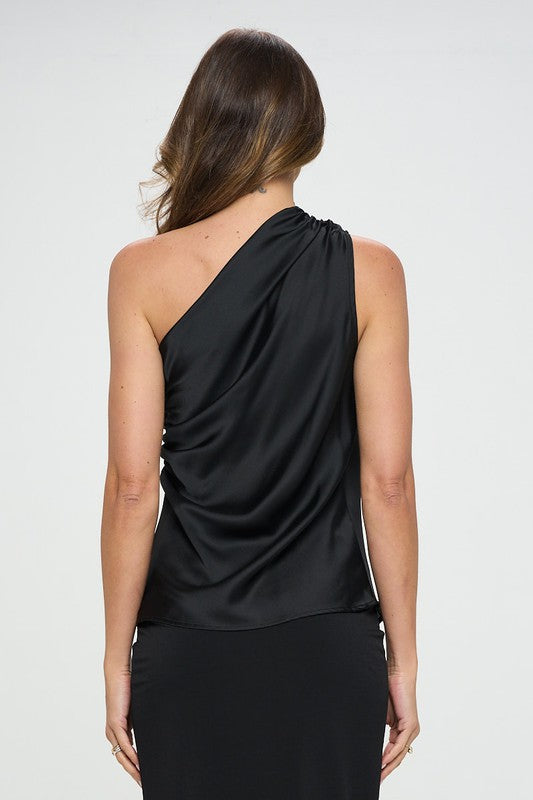 Silky Satin One Shoulder Ruched Top - Always24