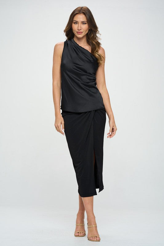 Silky Satin One Shoulder Ruched Top - Always24