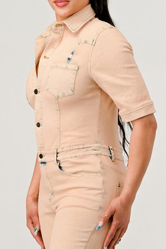 Always24 WASHED DENIM HALF SLEEVE JUMPSUIT - Always24