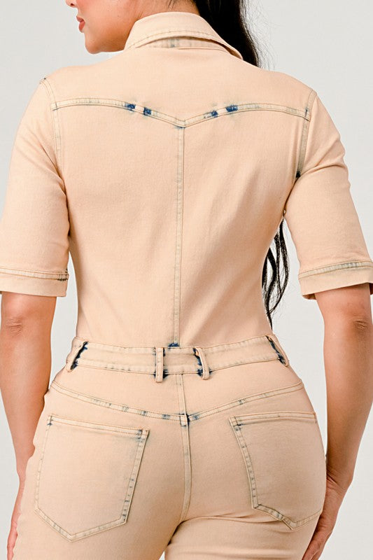 Always24 WASHED DENIM HALF SLEEVE JUMPSUIT - Always24