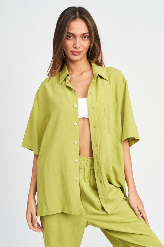 BUTTON UP OVERSIZED SHORT SLEEVE SHIRT - Always24