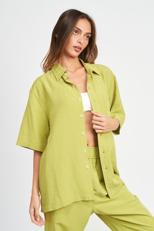 BUTTON UP OVERSIZED SHORT SLEEVE SHIRT - Always24