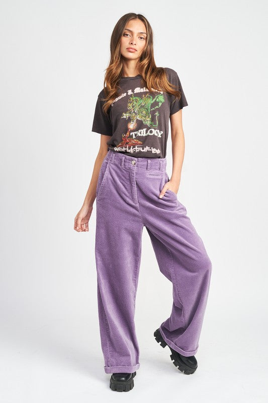 WIDE LEG CORDUROY PANTS WITH POCKETS - Always24