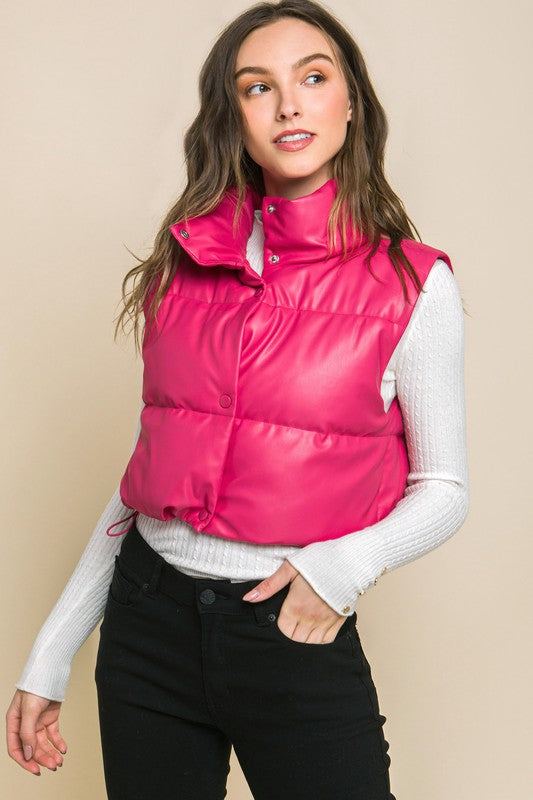 Always24 PU Faux Leather puffer West with Snap Button