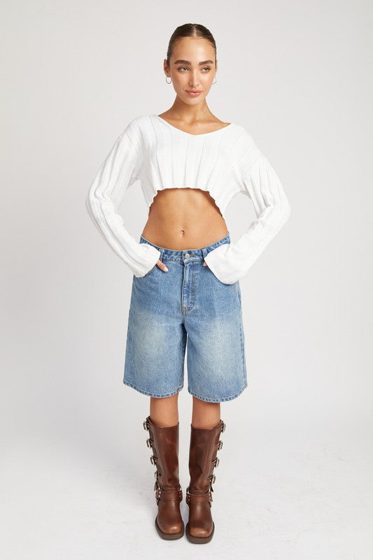 WIDE RIB LONG SLEEVE V NECK TOP - Always24