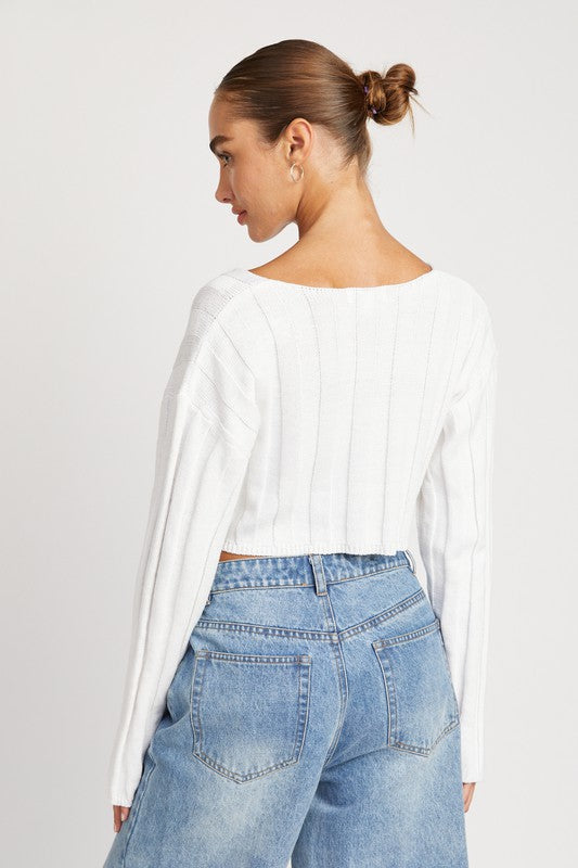 WIDE RIB LONG SLEEVE V NECK TOP - Always24
