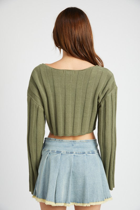 WIDE RIB LONG SLEEVE V NECK TOP - Always24