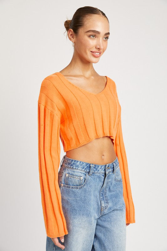 WIDE RIB LONG SLEEVE V NECK TOP - Always24